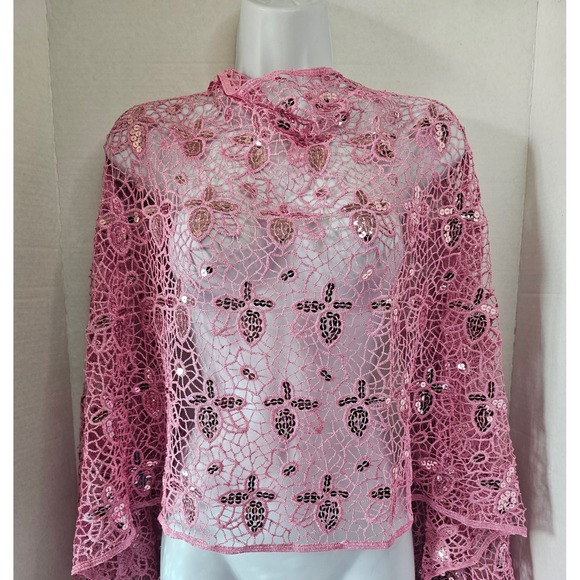 Pink Sequin Embellished Lace Wrap Sarong W/Fringe 22X64" - Picture 1 of 4